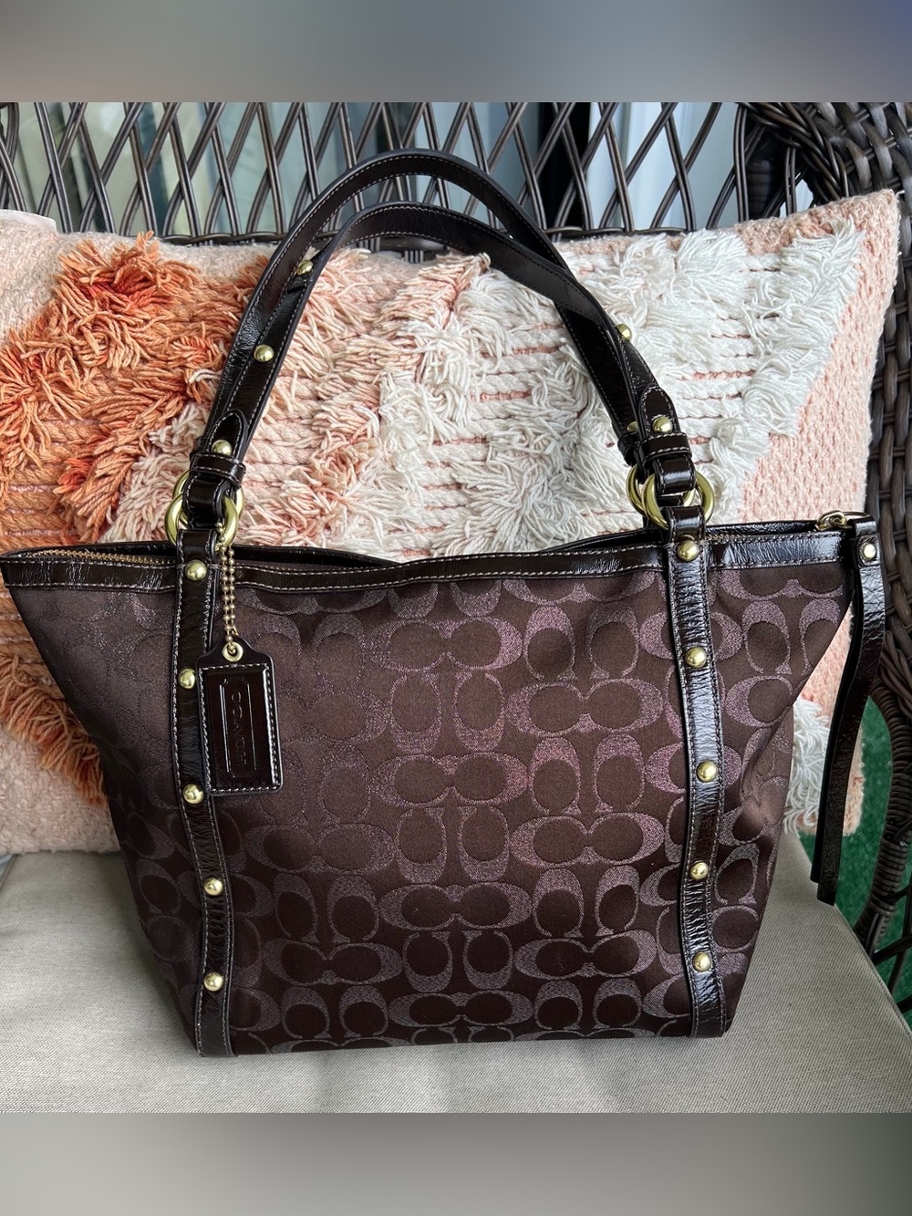 Coach Chocolate Brown Metallic Tote with Rivets